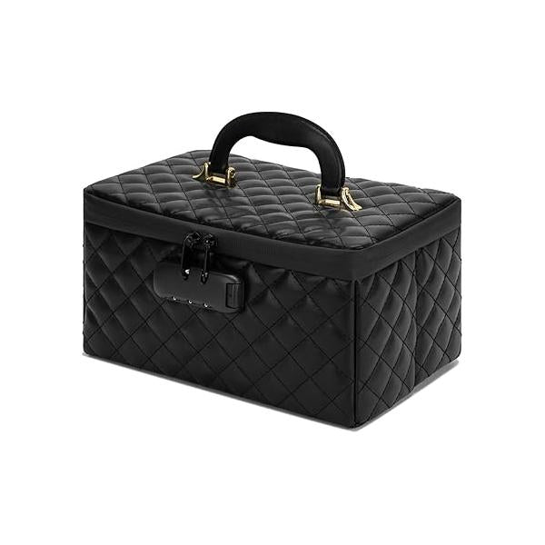 Portable makeup box with Lock, Large Capacity Travel Makeup Case Organizer, Bags for Girls Traveling With Handle and Divider Bag (Black)