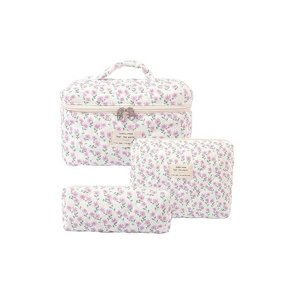 Makeup Bag, 3 PCS Quilted Cute Floral Cotton Cosmetic Bag set, Coquette Pouch Large Travel Toiletry