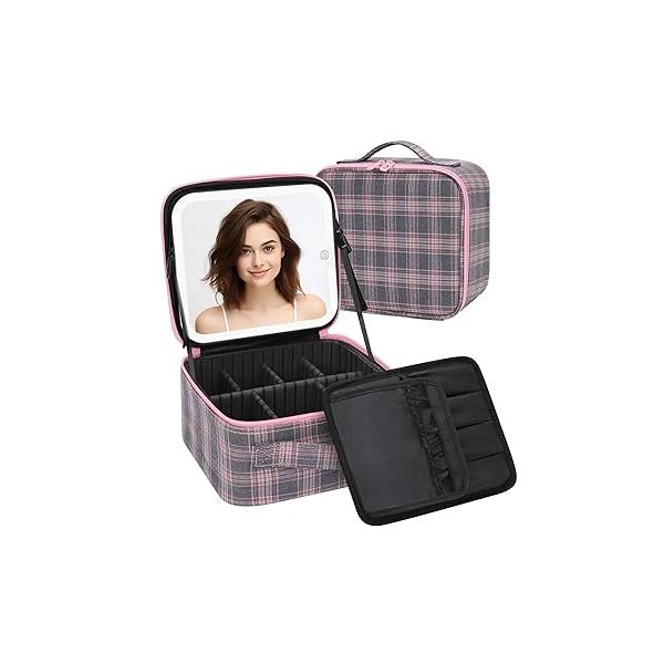 Makeup Bag With LED Mirror, Travel Case with Light up Mirror Large Cosmetic 3 Color Lighted Portable Organizer Adjustable Dividers（Black）