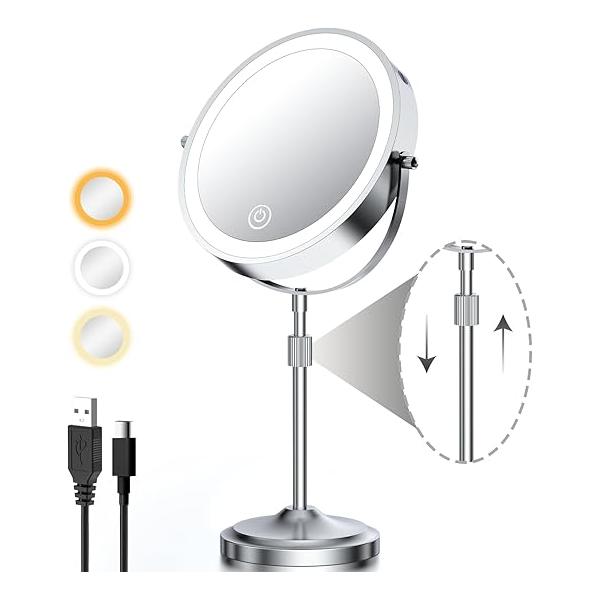 9" Lighted Makeup Mirror with 1X 10x Magnification, 5000mAh Rechargeable Led Magnifying Vanity mirror lights, 3 Lighting Colors, Brightness Dimmable Height Adjustable Cosmetic Black