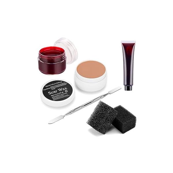 Fake Blood Sfx Makeup Kit Scar Wax(1.6 Oz) with Scab Coagulated Gel, Spatula Tool Cosmetics Mixer，Stipple Sponge, Professional Halloween Wound Skin Wax for Darker Tone