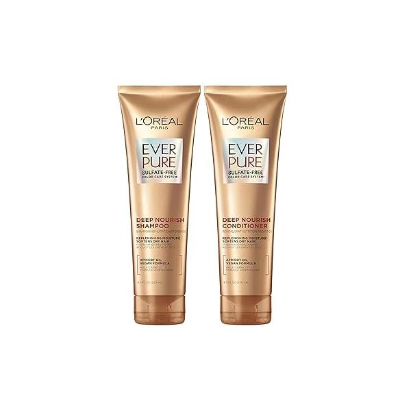 L'Oreal Paris Sulfate Free Shampoo and Conditioner for Dry Hair, Triple Action Hydration Dry, Brittle or Color Treated Apricot Oil Infused Hair Care, EverPure, 8.5 Fl Oz, Set of 2