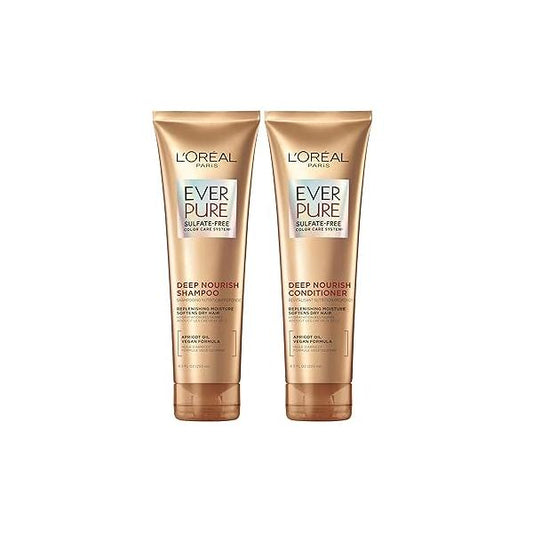 L'Oreal Paris Sulfate Free Shampoo and Conditioner for Dry Hair, Triple Action Hydration Dry, Brittle or Color Treated Apricot Oil Infused Hair Care, EverPure, 8.5 Fl Oz, Set of 2