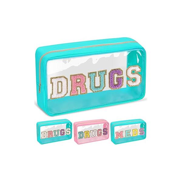 Chenille Letter Bag Clear MEDS Makeup Pouch, Preppy Small Medicine Travel Drugs Pills Zipper Pouch with Handle, Nylon Waterproof Portable Meds Toiletry Organizer for Patient Nurse(MEDS-Green)