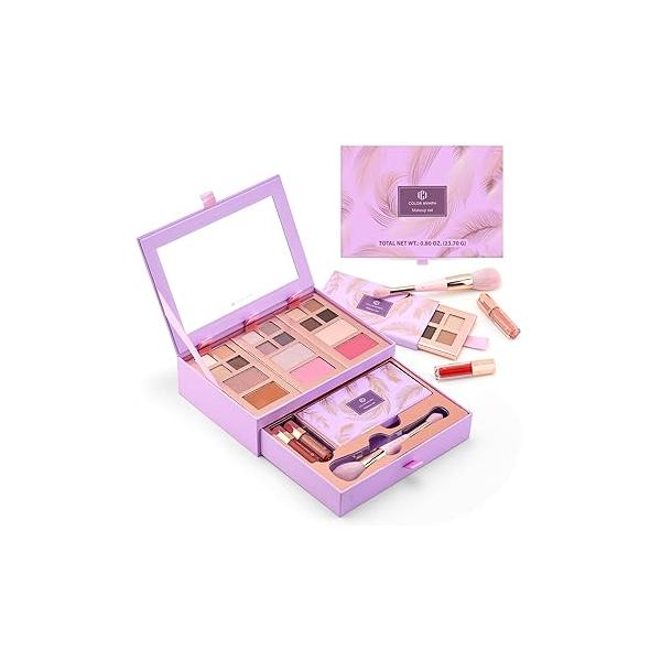 Color Nymph Small Makeup Palette Set for Face | Cosmetics Gift Women & Girls 12 Colors Eyeshadow, Blush, Highlighter, Contour Powder, Lip Gloss Brush Kit Travel-Friendly (Pink)