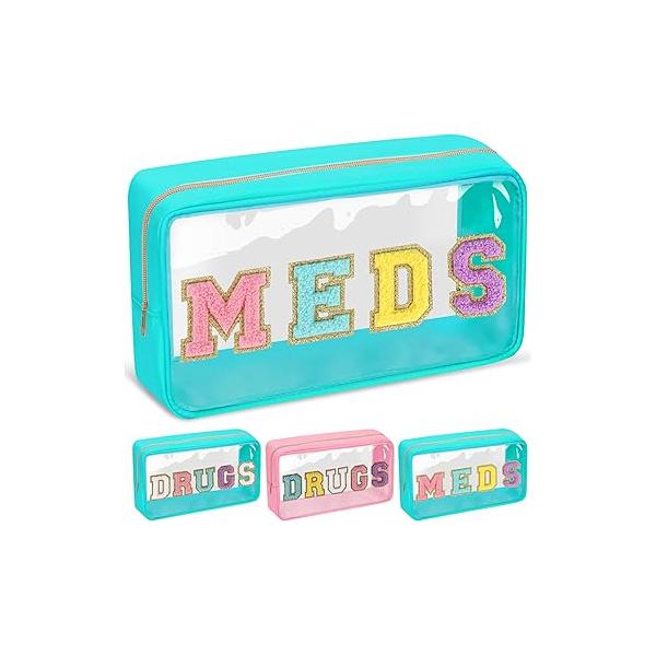 Chenille Letter Bag Clear MEDS Makeup Pouch, Preppy Small Medicine Travel Drugs Pills Zipper Pouch with Handle, Nylon Waterproof Portable Meds Toiletry Organizer for Patient Nurse(MEDS-Green)