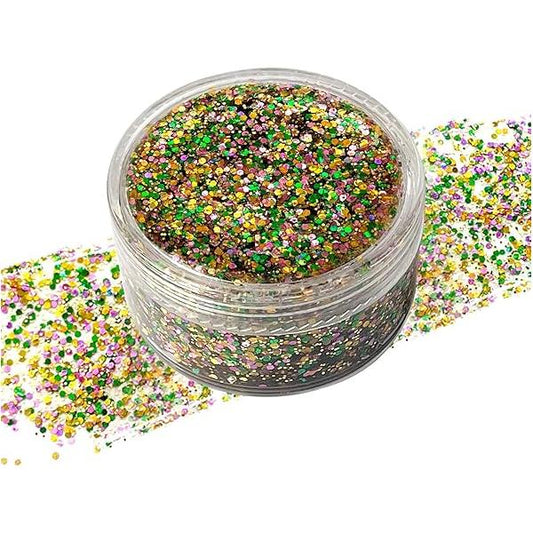 Green Purple Gold Mixed Holographic Chunky Glitter with Gel, 25g (1 Jar) - Mardi Gras Crafts Powder, Festive Sequins for Face and Body, New Orleans Decorative Nail Art, Carnival Decorations