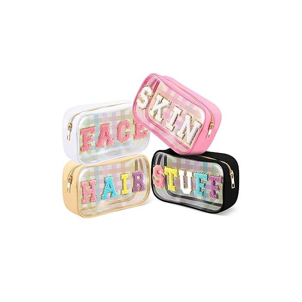 4 Pieces Chenille Letter Cosmetic Bag Set Nylon PVC Clear Waterproof Makeup Pouch Stuff Hair Travel Zipper Multi Purpose Aesthetics Toiletry Organizer for Women Gym Beach (Fresh Colors)