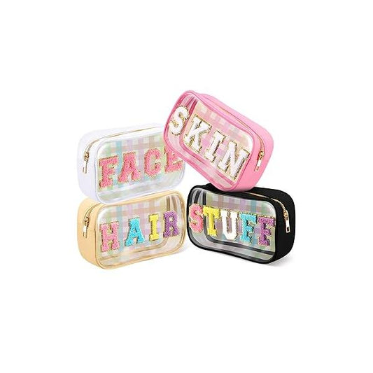 4 Pieces Chenille Letter Cosmetic Bag Set Nylon PVC Clear Waterproof Makeup Pouch Stuff Hair Travel Zipper Multi Purpose Aesthetics Toiletry Organizer for Women Gym Beach (Fresh Colors)