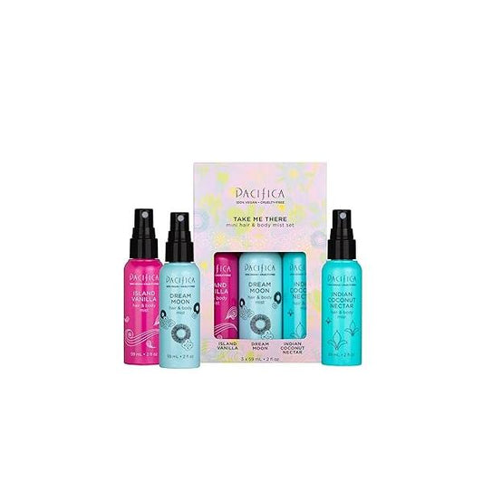 Pacifica Hair & Body Mist Take Me There Travel Size, Gift Set, Fragrance, Perfume Spray, Island Vanilla, Dream Moon, Silver Moon (Set of 3) Clean Vegan Cruelty-Free Dermatologist Tested