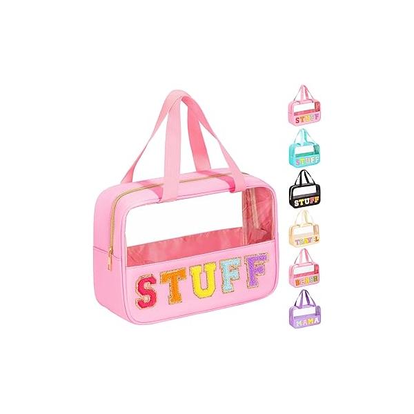 eurovicky Chenille Letter Patch Clear Makeup Bag, Preppy PVC&Nylon Bag with Handle and Zipper, Waterproof Large Travel Toiletry Storage for Women