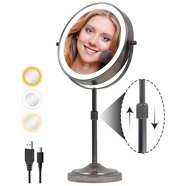 9" Lighted Makeup Mirror with 1X 10x Magnification, 5000mAh Rechargeable Led Magnifying Vanity mirror lights, 3 Lighting Colors, Brightness Dimmable Height Adjustable Cosmetic Black