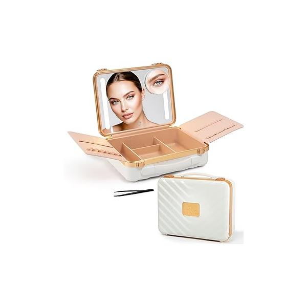 Lighted Makeup Case with Mirror - Portable Travel Organizer light up Mirror, 3 Light Settings, Rechargeable Bag and Lights Mini 10x magnifying included