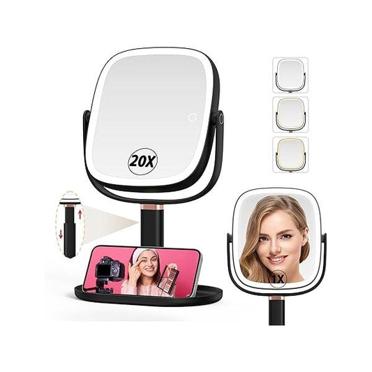 Mocado Makeup Mirror with Lights, 1X/20X Magnifying Light, Vanity 3 Colors Height Adjustable Lighted Mirror, Double Sided 360°Rotation, Memory Function (Pink)