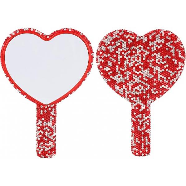 Framendino, 1 Pack Bling Heart Cosmetic Handheld Mirror Red Metal with Handle for Women Makeup Travel
