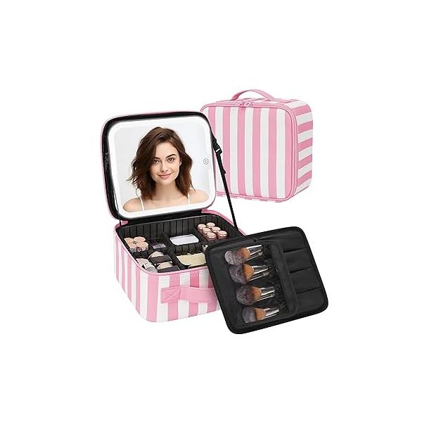 Makeup Bag With LED Mirror, Travel Case with Light up Mirror Large Cosmetic 3 Color Lighted Portable Organizer Adjustable Dividers（Black）