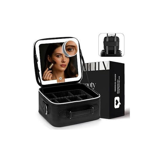 Travel Makeup Bag with LED Mirror, PU Leather Case - 3 Adjustable Brightness Levels, Lighted Cosmetic Dividers Make Up Portable Storage Organizer Handle