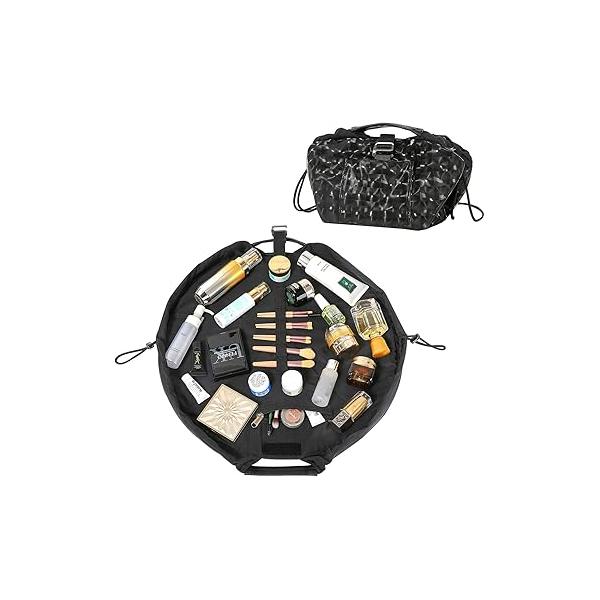 Vomgomfom 20 inch Drawstring Makeup Bag Open Flat,Waterproof Magic Cosmetic Pouch for Women,Pink