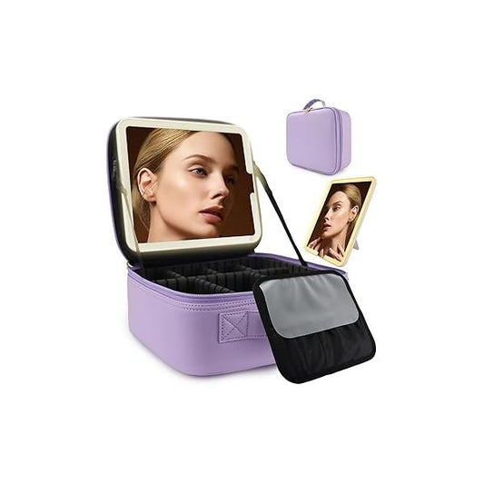 Travel Makeup Bag for Women and Artists Cosmetic Organizer Large Case,Travel with Mirror 3 Color Setting,Portable Storage Adjustable Dividers Bag(Purple)