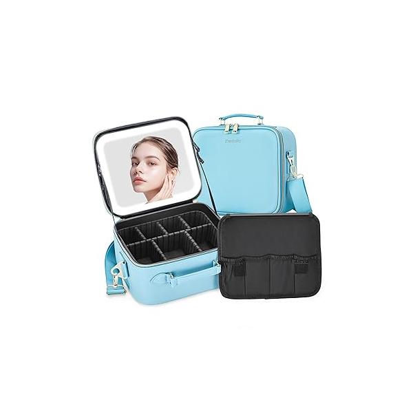 Travel Makeup Bag Cosmetic Organizer with Lighted Mirror, Waterproof Light Up Case for Brush Holder Storage, Large Toiletry Women Gift