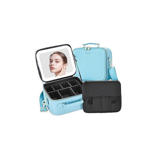 Travel Makeup Bag Cosmetic Organizer with Lighted Mirror, Waterproof Light Up Case for Brush Holder Storage, Large Toiletry Women Gift