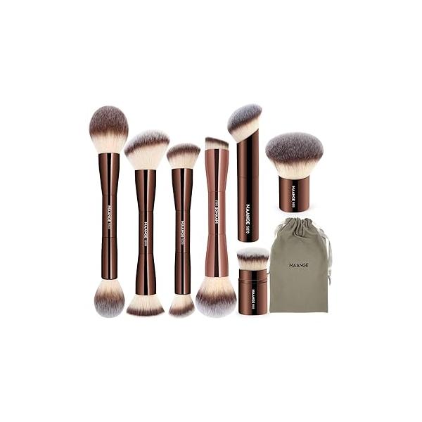 MAANGE 7pcs Makeup Brush Set Double Sided Kabuki Brushes Contour for Foundation Liquid Powder Concealer Cream Cosmetics Bronzer Blending Blush Buffing Tools (Coffee)