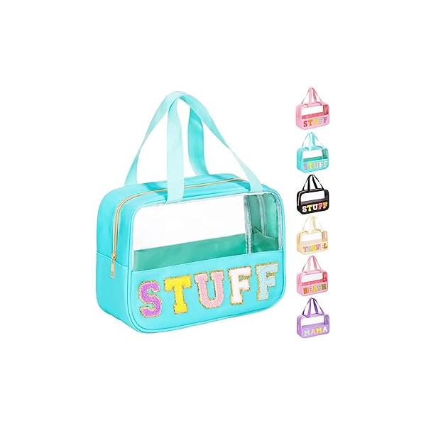 eurovicky Chenille Letter Patch Clear Makeup Bag, Preppy PVC&Nylon Bag with Handle and Zipper, Waterproof Large Travel Toiletry Storage for Women