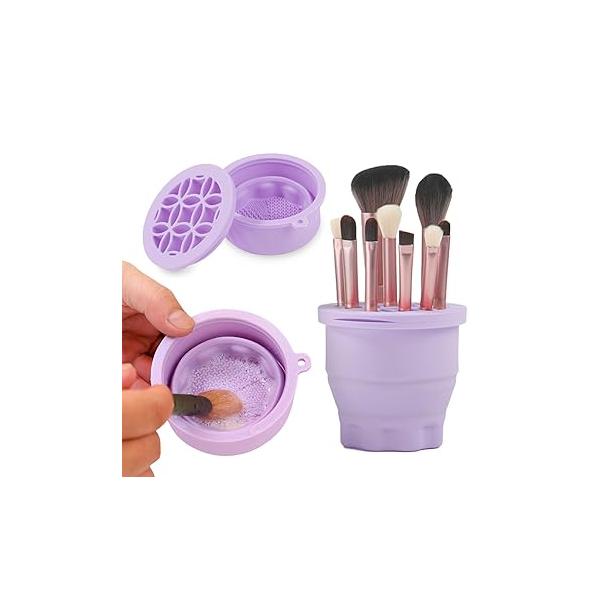 Makeup Brushes Cleaner Mat with Brush Storage Holder, Folding Portable Washing Tool for Cleaning, 2 In 1 Silicone Pad & Cosmetic Organizer Rack (Purple)