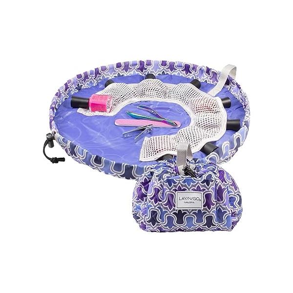 Lay-n-Go NailSpa Drawstring Cosmetic Bag - Portable Nail Supplies Organizer w/ 8 Elastic Mesh Pockets & Circular Center Durable, Machine Washable Kit (18", Blue Polka Dot)