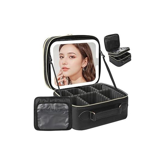 Travel Makeup Bag with LED Mirror Double Layer, Detachable Vanity Lights, Tri-light Dimmable, Case Adjustable Dividers and Brush Holder Cosmetic Organizer Storage Box