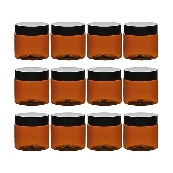 TUZAZO 4 Oz Amber Plastic Cosmetic Jars Leak Proof Small Container with lids for Cream, Lotion, Powder, Ointments, Beauty Products, 12 Pcs