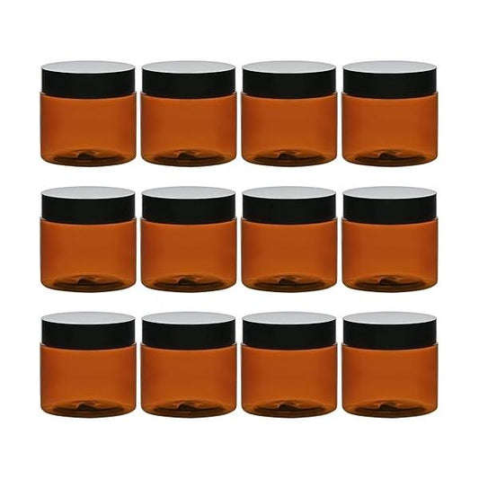 TUZAZO 4 Oz Amber Plastic Cosmetic Jars Leak Proof Small Container with lids for Cream, Lotion, Powder, Ointments, Beauty Products, 12 Pcs