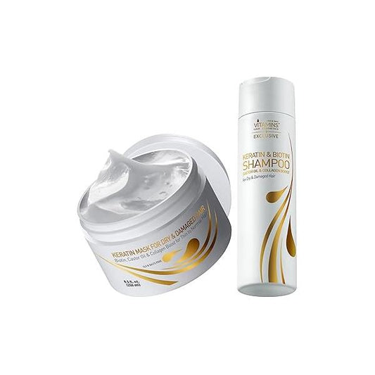 Vitamins Keratin Hair Treatment Kit - Deep Conditioner Mask and Protein Shampoo for Fine, Dry, Damaged, Color-Treated