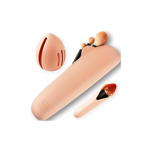 Makeup Brush Organizer And Sponge Holder Set Anti-Fall Out Buckle For Traveling Breathable Silicone Blender Case Tools Travel Essentials Women White