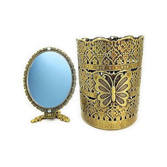 T-Box GoldenTBox Vintage Antique Decorative Metal Makeup Brush Holder and Handheld Portable Cosmetic Mirror Gift Set of 2 for Birthday, Christmas, Housewarming, Mother's Day