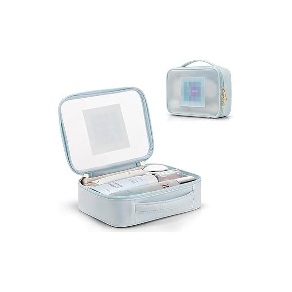 Vlando Travel Makeup Bag,Cute Makep Bag for Teen Clear Toiletry Women Graduation Girls Birthday Gifts Make up with Zipper and Handle Portable Case-Blue