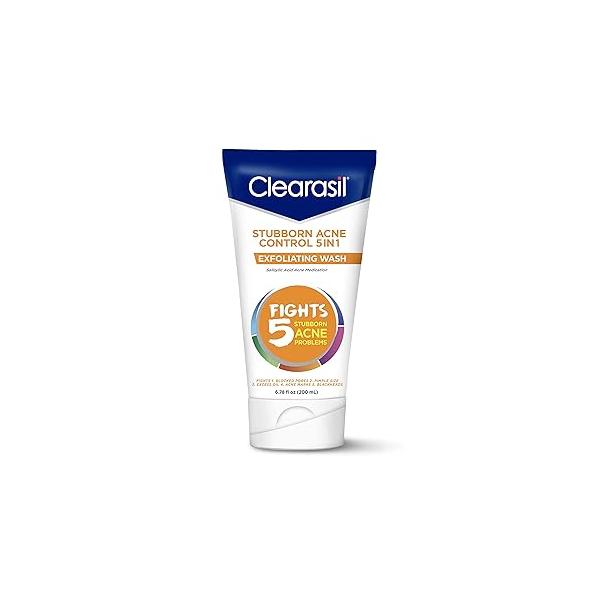 Clearasil Stubborn Acne Control 5in1 Exfoliating Wash, Maximum Strenght with 2% Salicylic Acid Treatment Medicine, Daily Facial Cleanser 6.78 fl oz