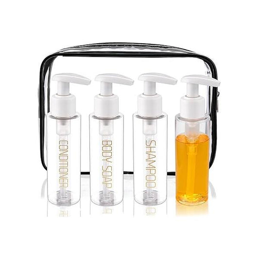 Travel Bottles Plastic Pump Bottle Dispenser TSA Approved 3.4oz/100ml 4 Pack Refillable Shampoo and Conditioner Empty Size for Cosmetic, Lotion, Liquid Soap (mixcolor)