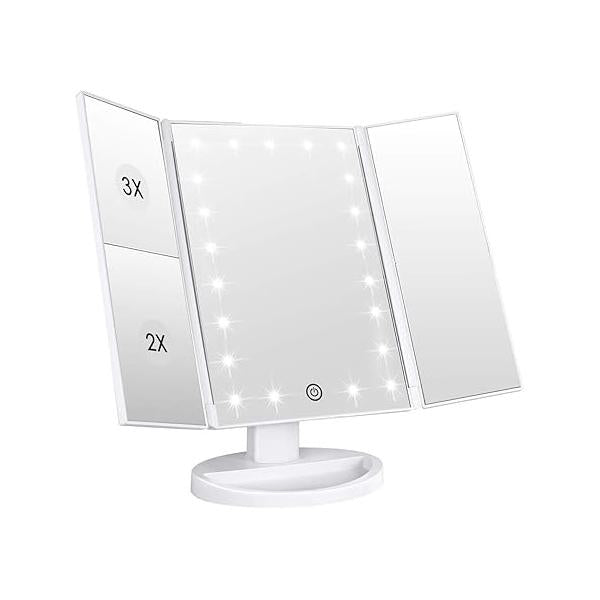 WEILY Makeup Vanity Mirror with 21 LED Lights and Touch Screen, Tri-Fold 1x 2X 3X Magnification,180° Adjustable Rotation USB Powered,Countertop Cosmetic (White)