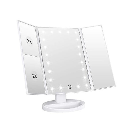 WEILY Makeup Vanity Mirror with 21 LED Lights and Touch Screen, Tri-Fold 1x 2X 3X Magnification,180° Adjustable Rotation USB Powered,Countertop Cosmetic (White)