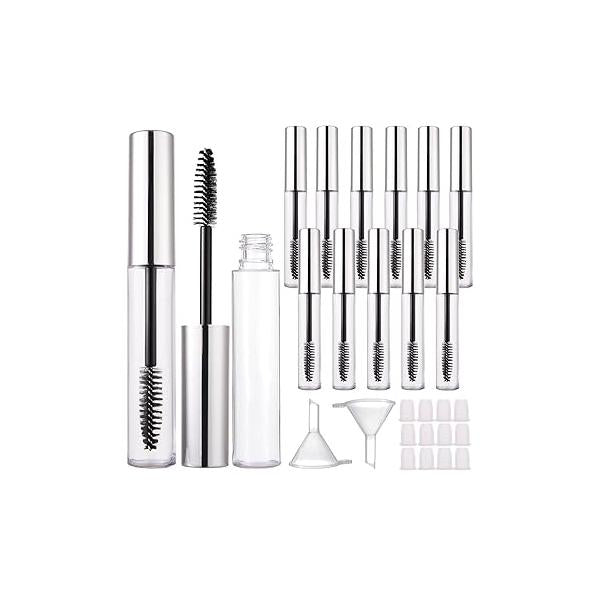 YITOU 4 Pack 10ml Empty Mascara Tube with Brush Wand, Refillable Eyelash Cream Container DIY Cosmetics Bottle for Castor Oil, Eyebrow Growth Serum, Coconut Rubber Inserts, 1 Funnel, Black