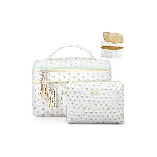Zeyune 2 Pcs Cotton Quilted Makeup Bag for Women, Large Travel Coquette Cosmetic Bag, Aesthetic Cute Floral Toiletry Skincare Organizer(Double Layer Style)