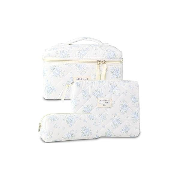 Makeup Bag, 3 PCS Quilted Cute Floral Cotton Cosmetic Bag set, Coquette Pouch Large Travel Toiletry