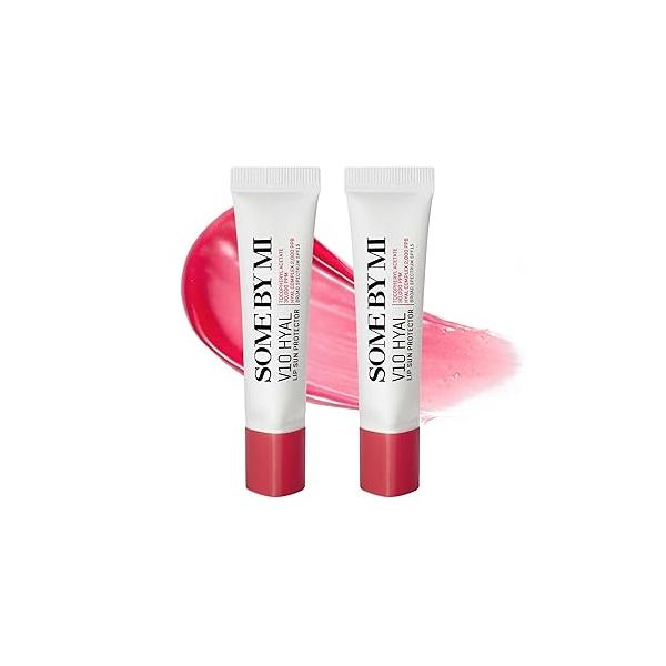 SOME BY MI V10 Hyal Lip Sun Protector Rosy - Pack of 2, 0.46oz Korean Tinted Glow SPF 15 Sunscreen Balm for Dry & Sensitive Lips Hydrating with Hyaluronic Acid Vitamin E Skin Care
