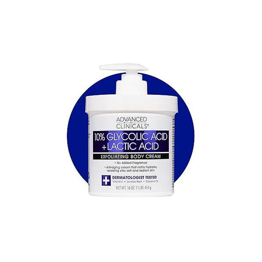 Advanced Clinicals 10% Glycolic Acid + Lactic Lotion Exfoliant Moisturizing Cream With Hyaluronic Moisturizer | AHA Exfoliating Body Improves Look Of Uneven Rough Skin Texture, 16 Oz