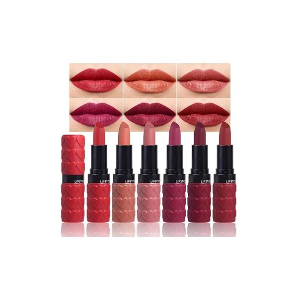 6 Pcs Nude Pink Brown Rose Red Purple Matte Lipstick Set for Women Long Lasting Waterproof Moisturizing Lipsticks Older 24 Hours Lip Stick Stain Makeup Gift Kit,Lip Vegan