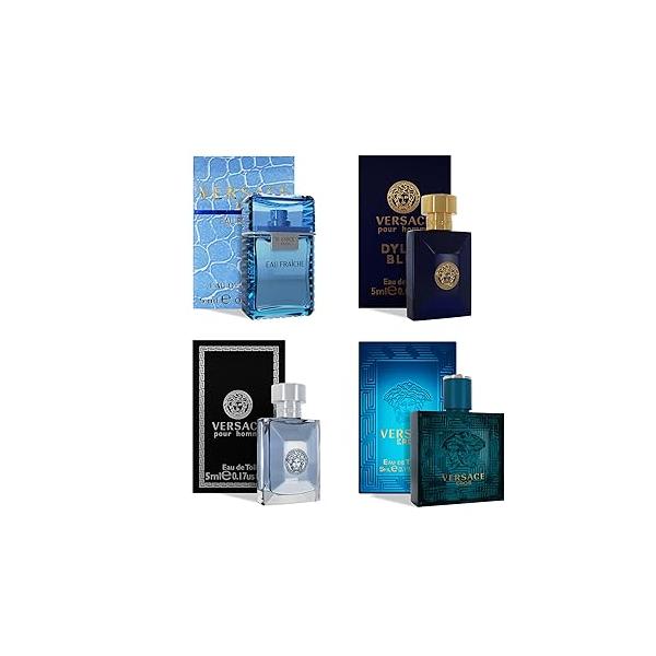 Versace Cologne for Men Set of 4 Mini Eros, Pour Homme, Dylan Blue, Eau Fraiche Perfume Fragrance Sampler - Designer Mens Samples (4 Count, 0.17 oz)