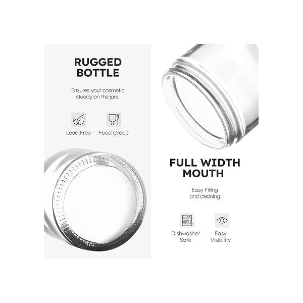 Glass Cosmetic Jars with Plastic Woodgrain Lids, 4 oz, 2 oz 1 Small Storage Lids & Stickers, Reusable Clear Travel Containers for Creams, Lotion, Balms, Ointment 3 pack