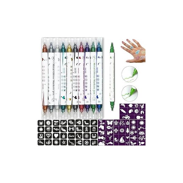 Temporary Tattoo Markers for Skin, 10 Colors Body tattoo Pen + 72 Paint Stencils, Metal Color Double ended thick and thin Removable Fake Tattoos Kit Kids Teens Adult
