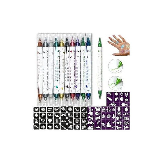 Temporary Tattoo Markers for Skin, 10 Colors Body tattoo Pen + 72 Paint Stencils, Metal Color Double ended thick and thin Removable Fake Tattoos Kit Kids Teens Adult